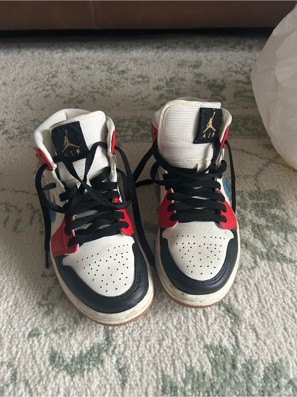 Jordan Kids High-Top Sneakers in White, Black & Red